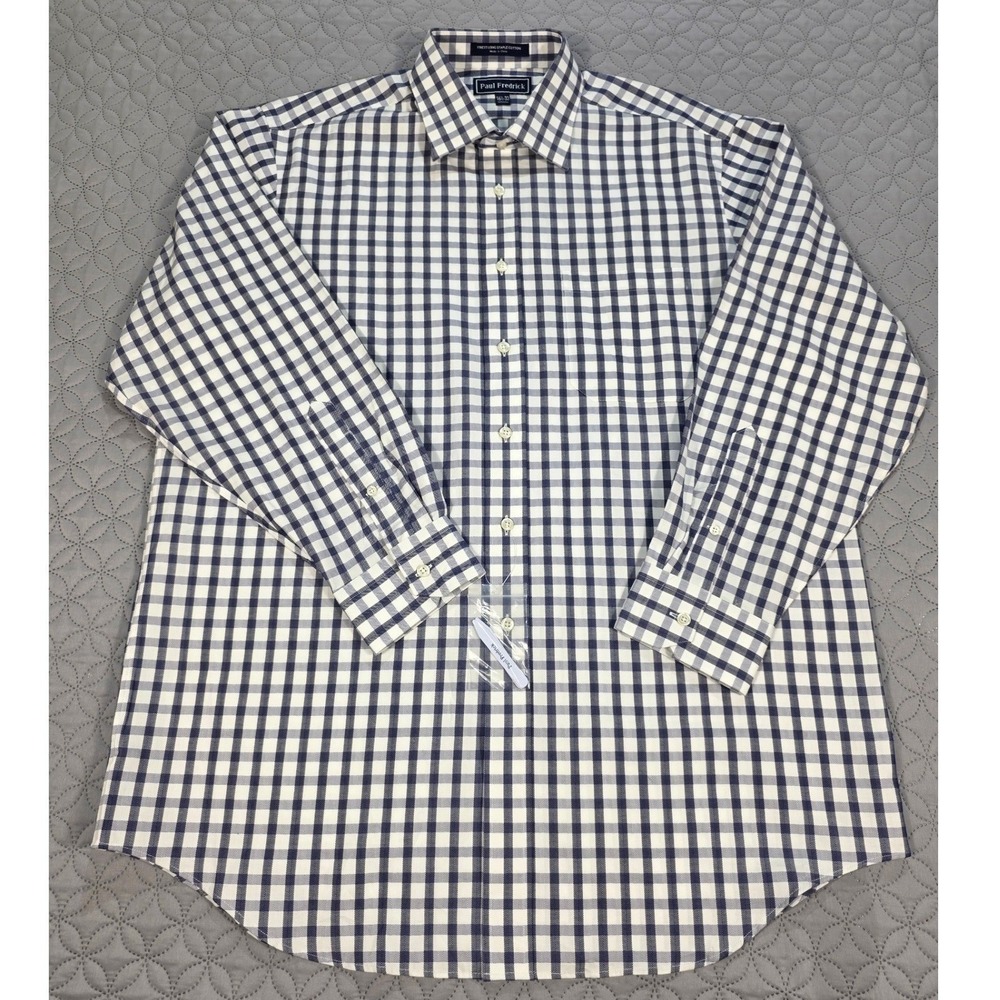 Paul Fredrick Men Blue/White Gingham Check Herringbone Cotton DressShirt 16.5-33 - Picture 2 of 8